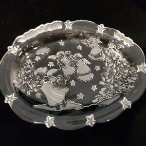 Mikasa Clear Crystal 9" Oval Dish Embossed & Frosted Angels Stars Xmas Lights